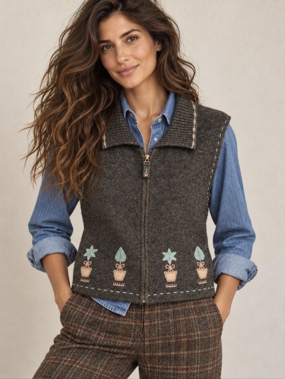 Vtg Woolrich 100% Lambswool Vest Brown Knit Holiday Embroidered Trees Size XL